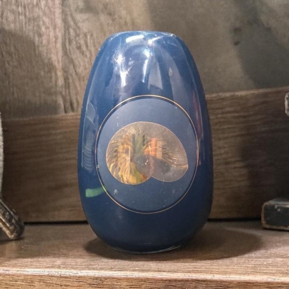 Otagiri Japan Nautilus Navy Blue Porcelain Vase, Vintage Gold Sea Shell Design